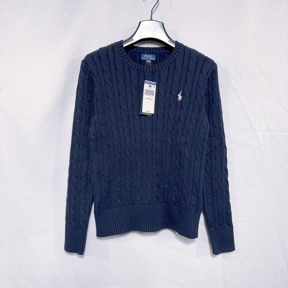 Polo Ralph Lauren Girls XL 16 Sweater Cable Knit Cotton Navy Blue Pink Pony Logo - Picture 1 of 8